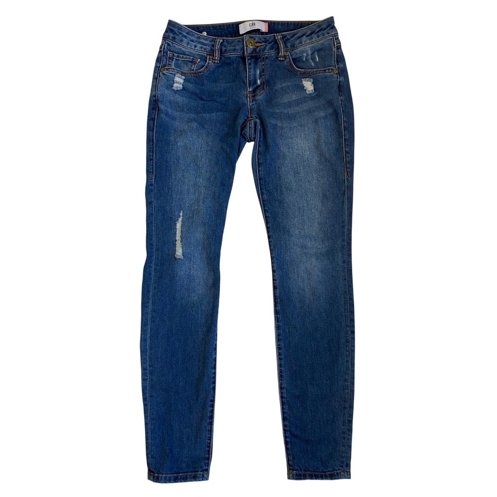 Cabi Skinny Distressed Jeans Women Size 2 Medium Wash Blue Denim 5087 Mid Rise